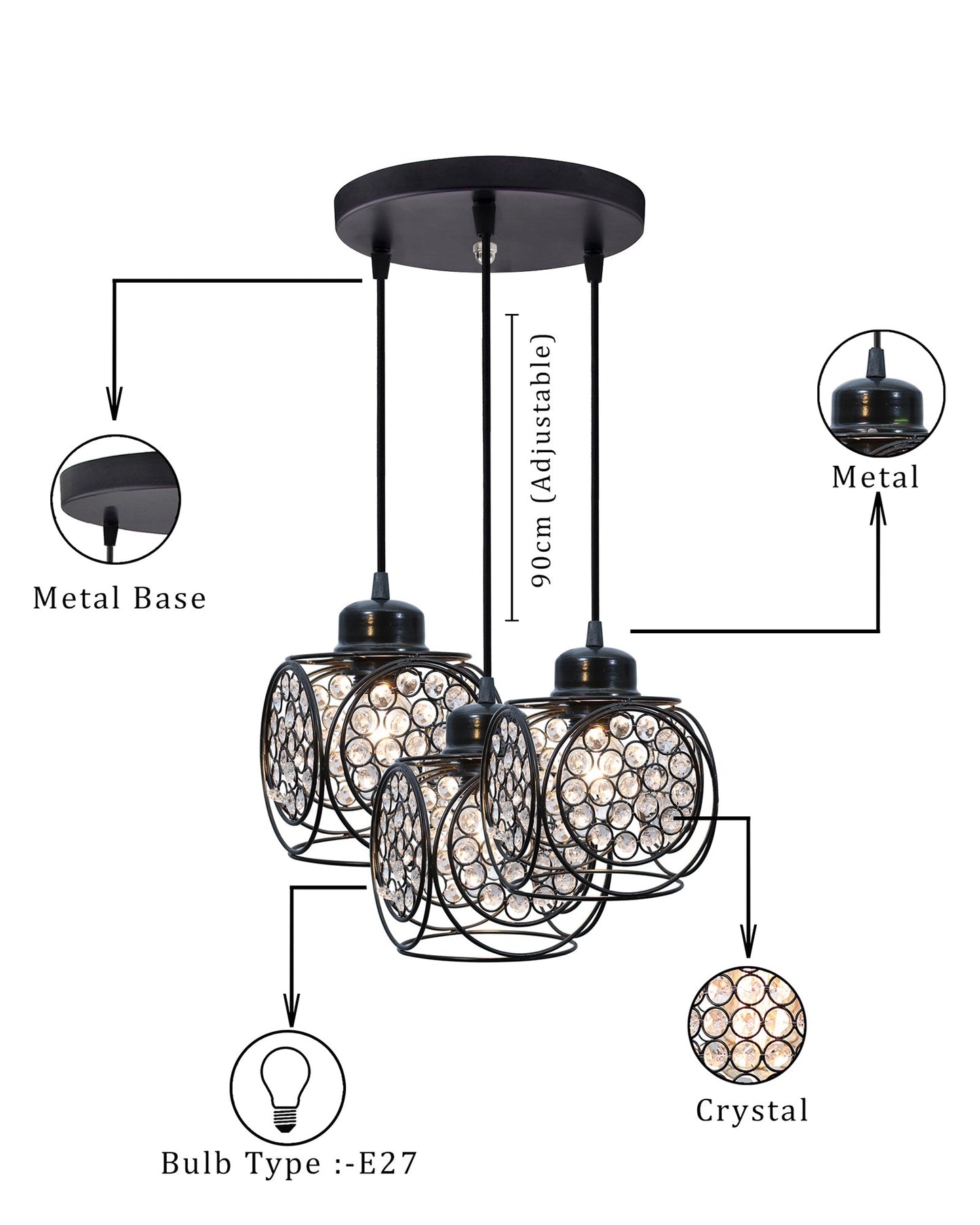 3-lights Round Cluster Chandelier Crystal hanging Pendant Light, Ring Cube