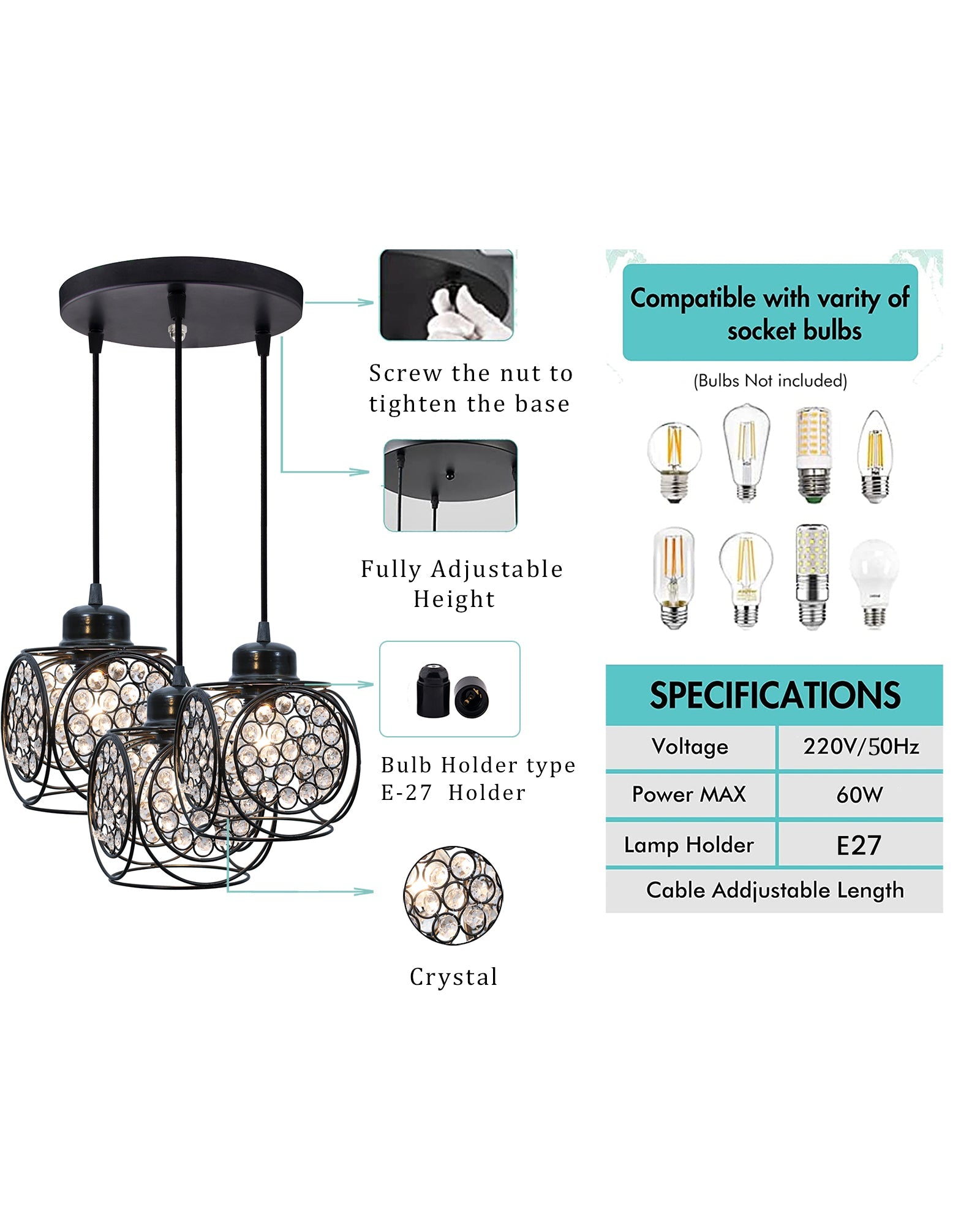 3-lights Round Cluster Chandelier Crystal hanging Pendant Light, Ring Cube