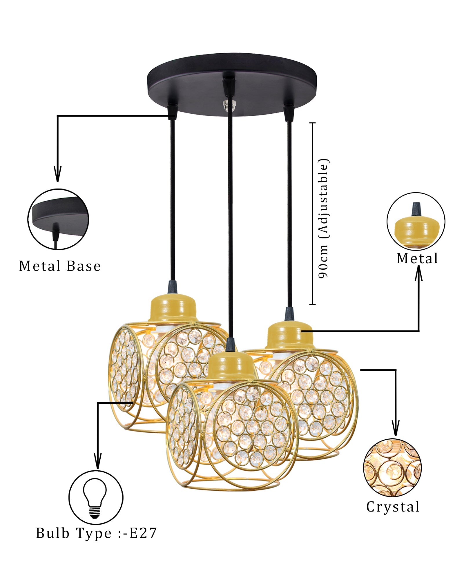 3-lights Round Cluster Chandelier Crystal hanging Pendant Light, Ring Cube