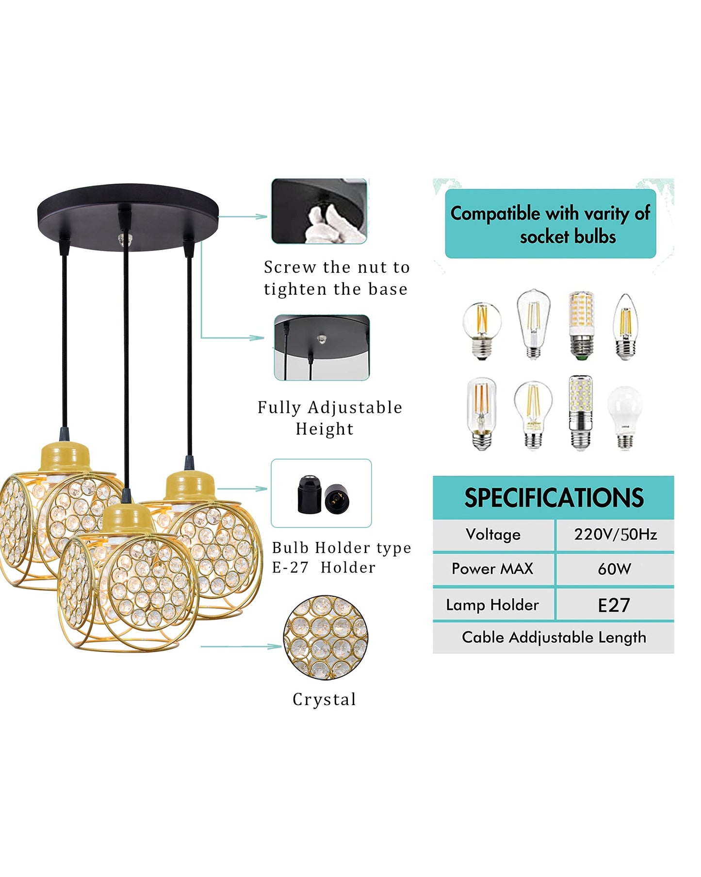 3-lights Round Cluster Chandelier Crystal hanging Pendant Light, Ring Cube