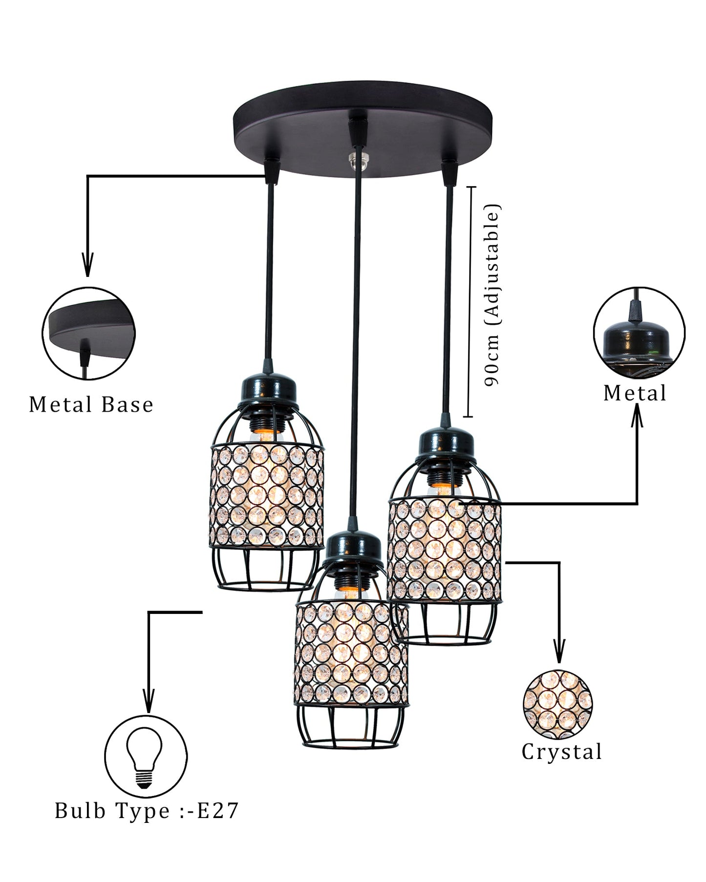 3-lights Round Cluster Chandelier Crystal hanging Pendant Light, Half Capsule