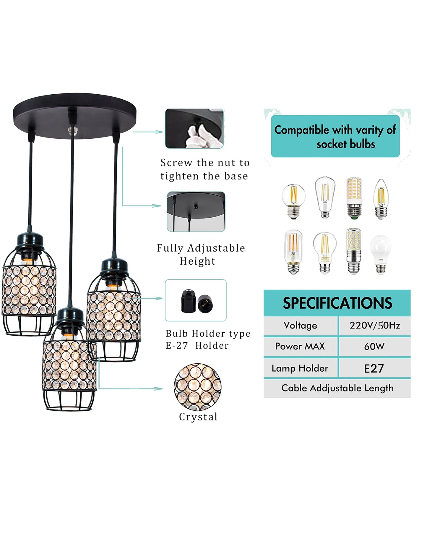 3-lights Round Cluster Chandelier Crystal hanging Pendant Light, Half Capsule