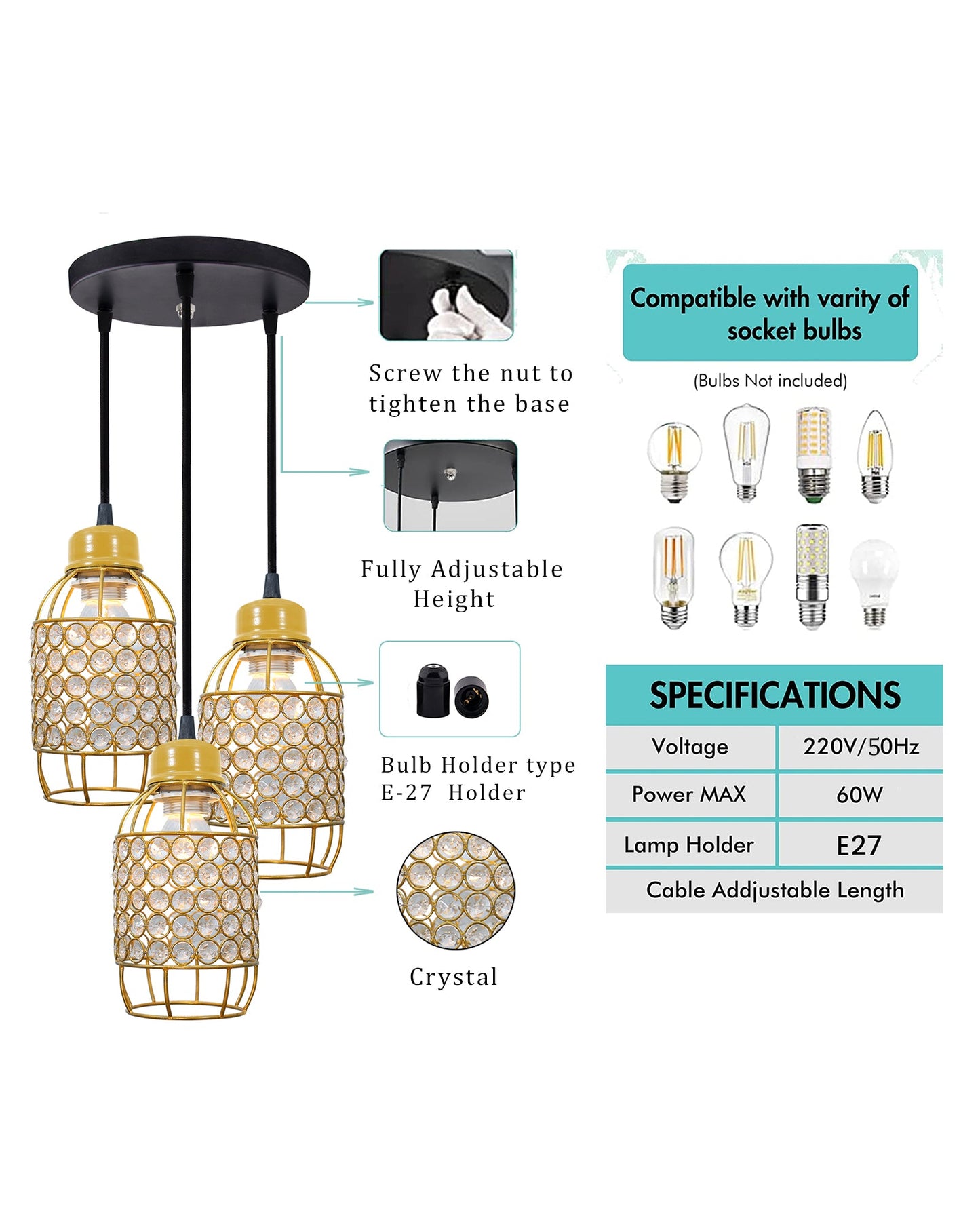 3-lights Round Cluster Chandelier Crystal hanging Pendant Light, Half Capsule