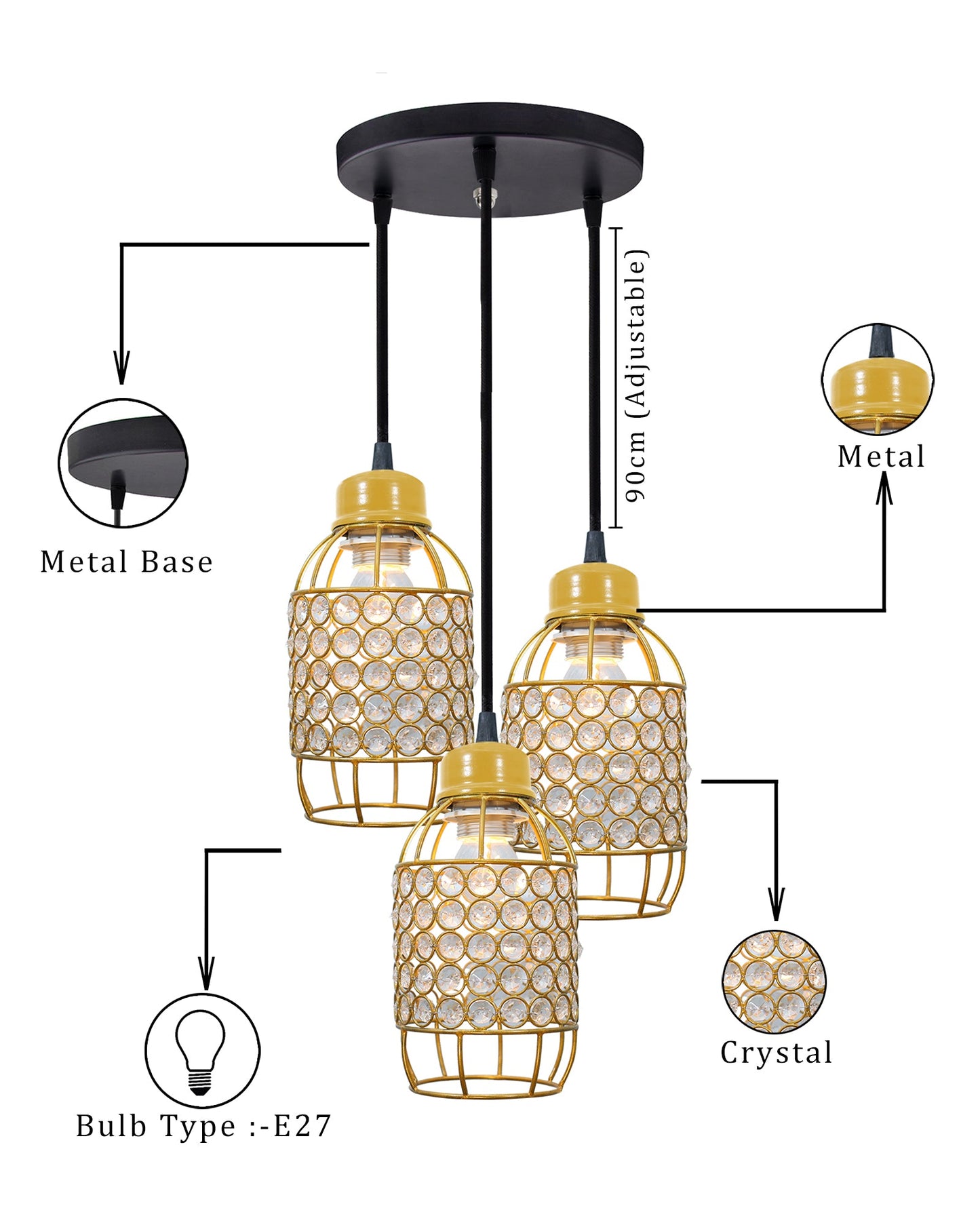 3-lights Round Cluster Chandelier Crystal hanging Pendant Light, Half Capsule