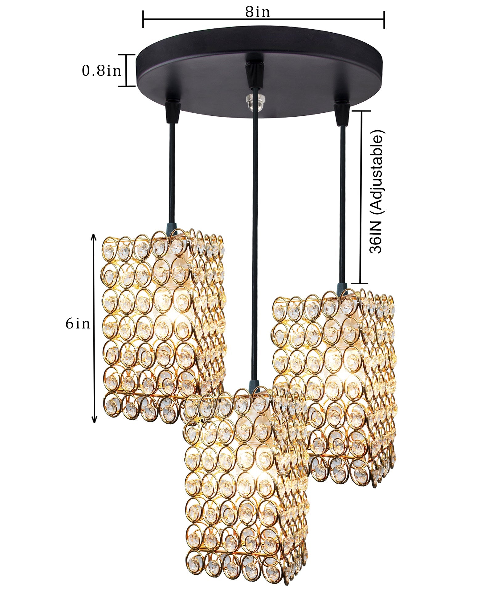 3-lights Round Cluster Chandelier Crystal hanging Pendant Light Golden, Dual Ring Triangle