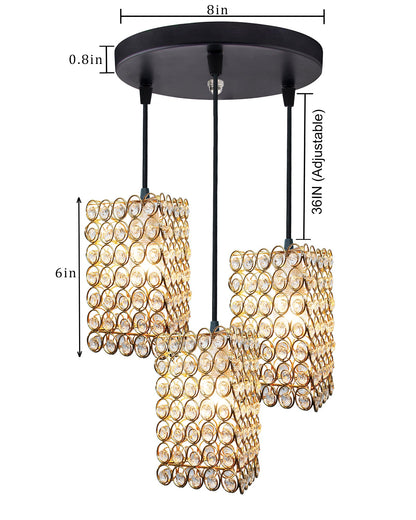 3-lights Round Cluster Chandelier Crystal hanging Pendant Light Golden, Dual Ring Triangle