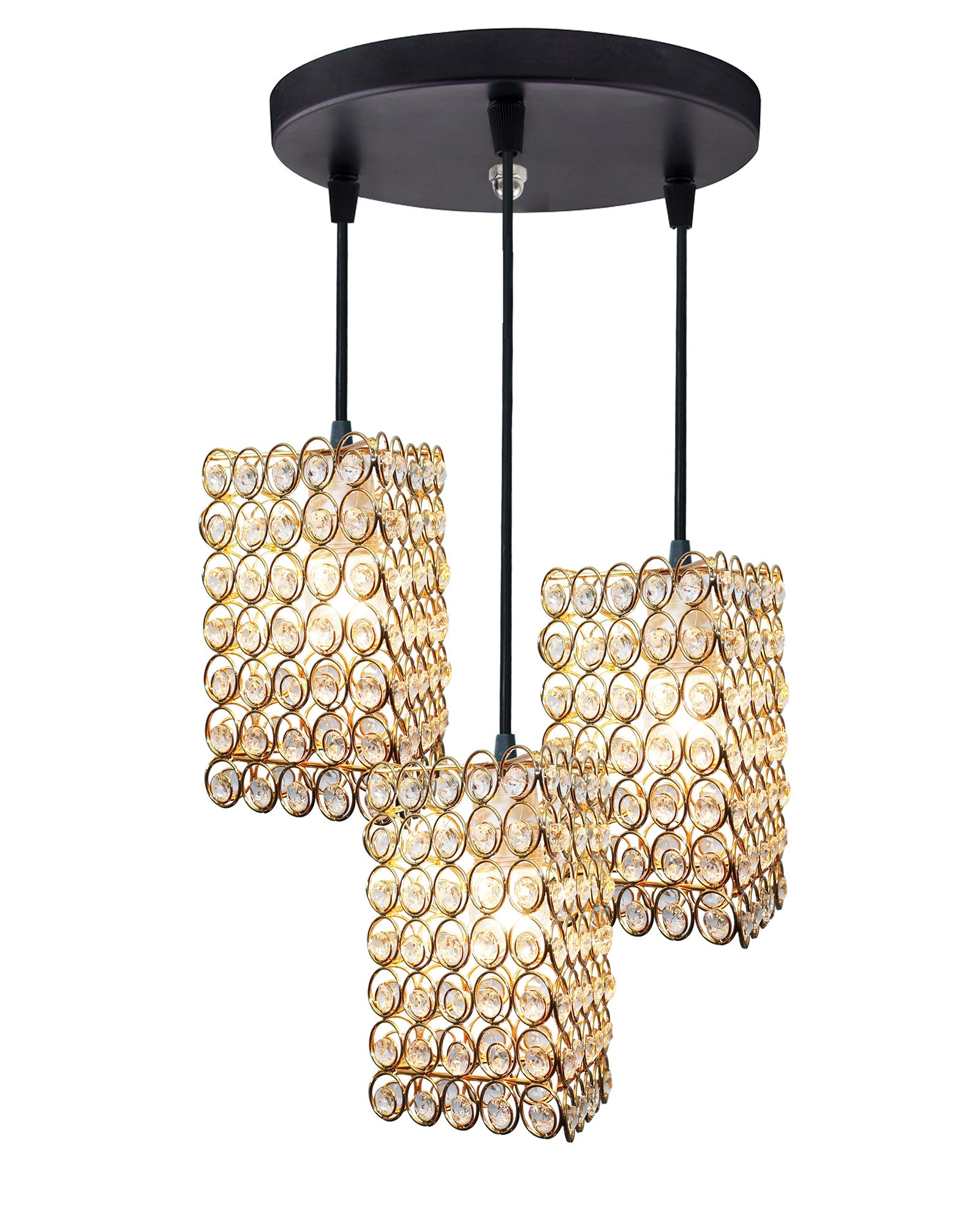 3-lights Round Cluster Chandelier Crystal hanging Pendant Light Golden, Dual Ring Triangle
