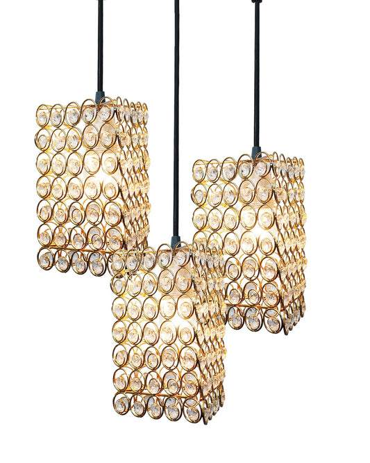 3-lights Round Cluster Chandelier Crystal hanging Pendant Light Golden, Dual Ring Triangle
