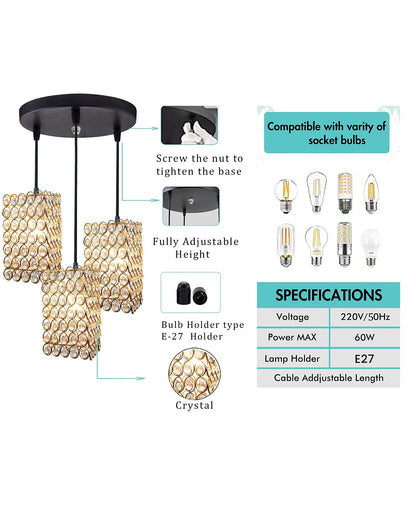 3-lights Round Cluster Chandelier Crystal hanging Pendant Light Golden, Dual Ring Triangle