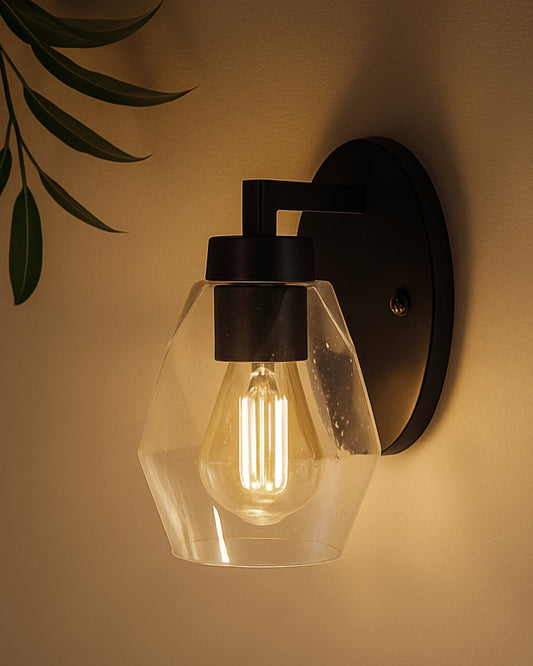 1-Light Wall Sconce Vanity Lighting Bathroom Lamp in Black with Hexa Glass Shades Wall Mounted Light Fixtures for Bedroom Stairs and Kitchen