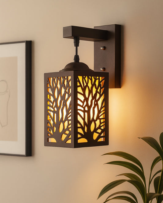 Wooden Modern Floral Pattern Wall Light, Coffee Brown White Frost shade