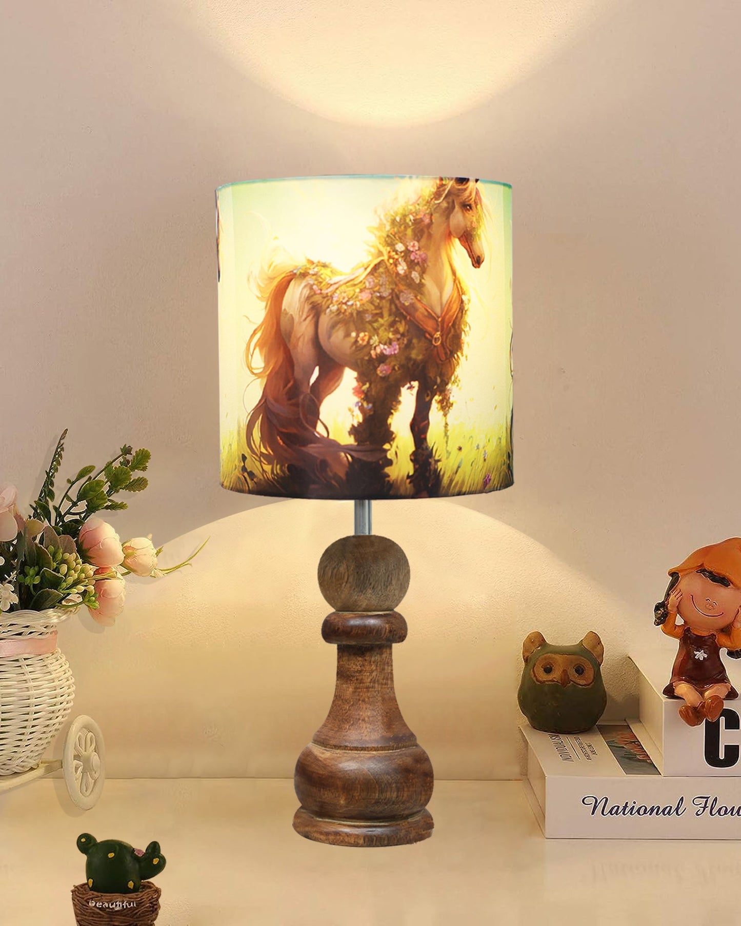 Chess Bedside Table Desk Lamp Rustic Wood Base Fabric Shade for Décor, Accent Light, Gameroom, Kids', Living Room, Bedroom, Office
