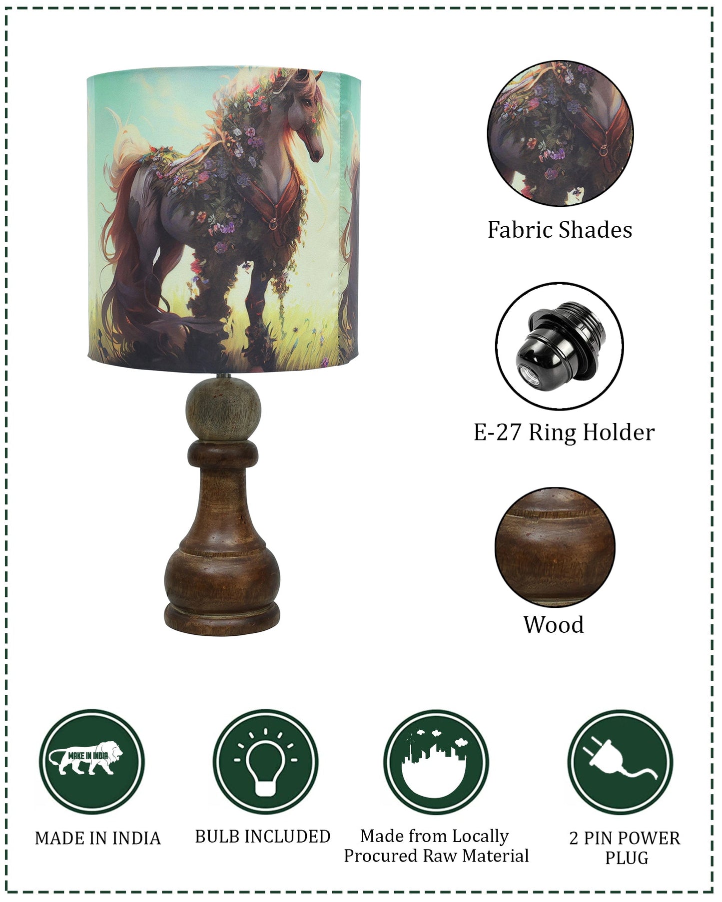 Chess Bedside Table Desk Lamp Rustic Wood Base Fabric Shade for Décor, Accent Light, Gameroom, Kids', Living Room, Bedroom, Office