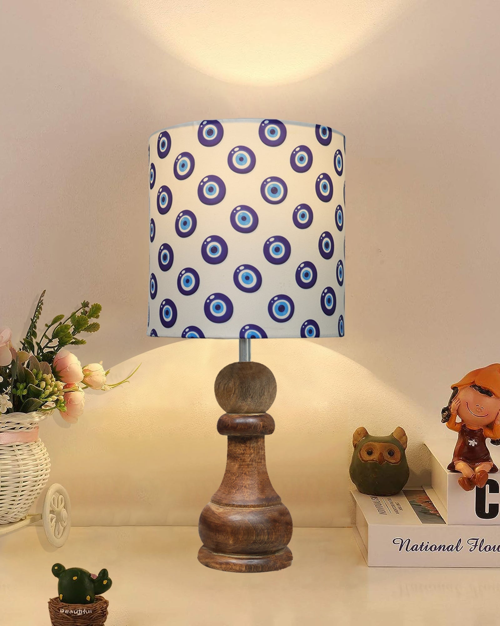Chess Bedside Table Desk Lamp Rustic Wood Base Fabric Shade for Décor, Accent Light, Gameroom, Kids', Living Room, Bedroom, Office