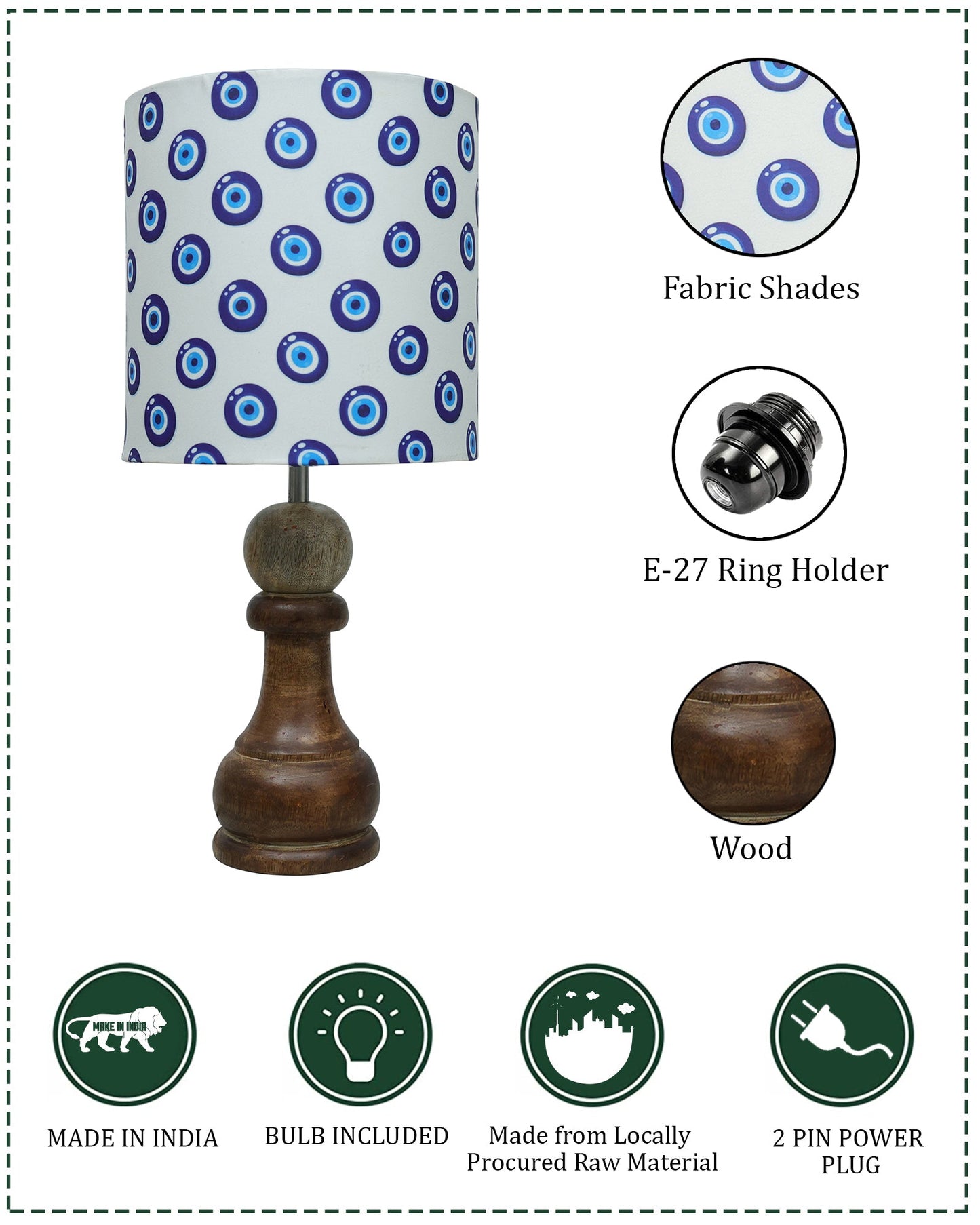 Chess Bedside Table Desk Lamp Rustic Wood Base Fabric Shade for Décor, Accent Light, Gameroom, Kids', Living Room, Bedroom, Office