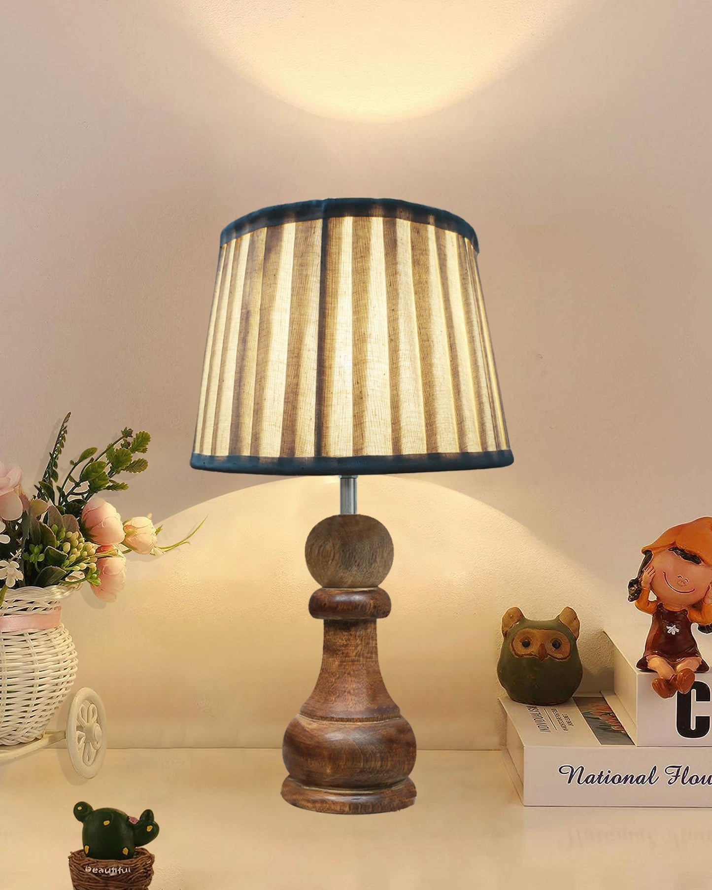 Chess Bedside Table Desk Lamp Rustic Wood Base Fabric Shade for Décor, Accent Light, Gameroom, Kids', Living Room, Bedroom, Office