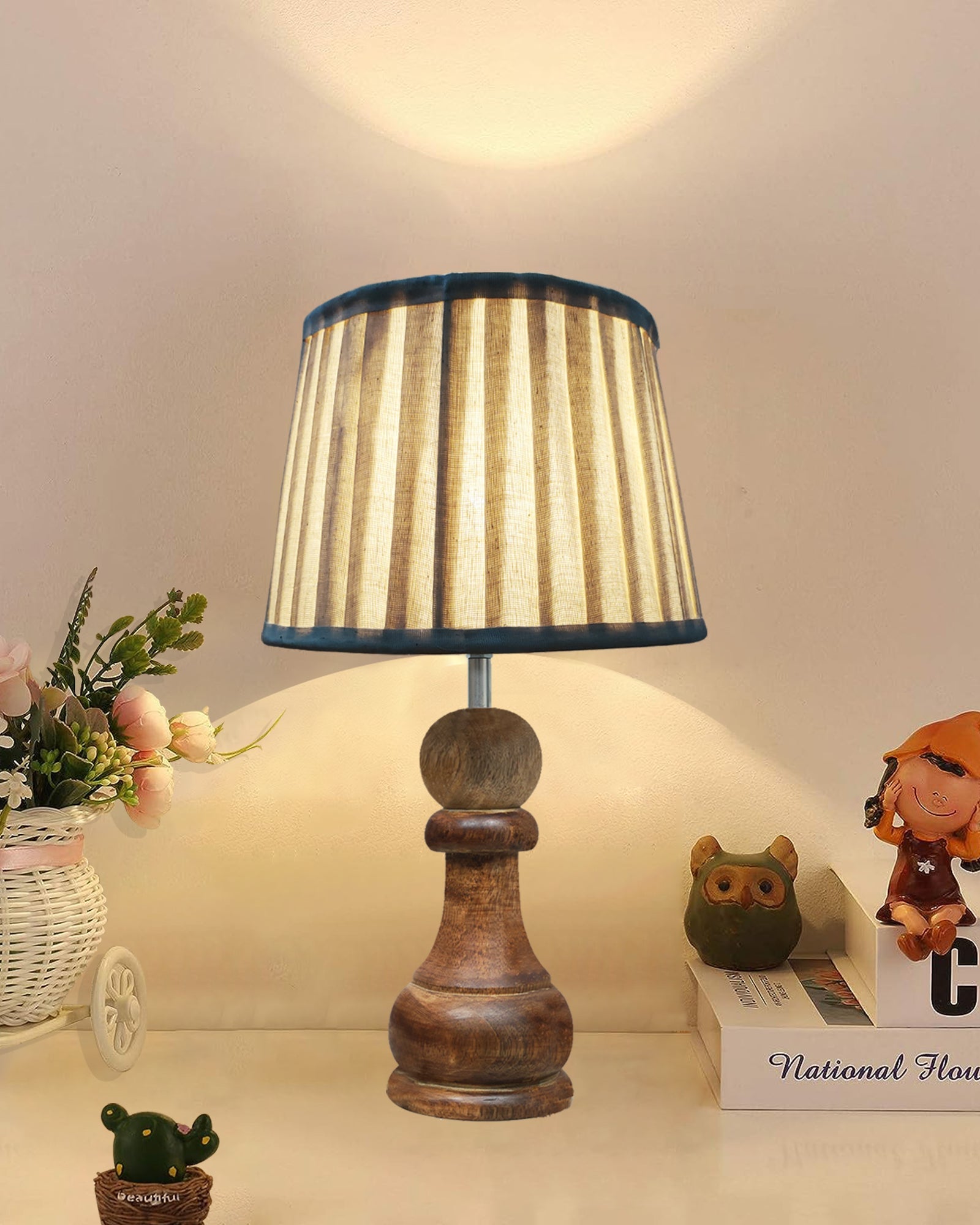 Chess Bedside Table Desk Lamp Rustic Wood Base Fabric Shade for Décor, Accent Light, Gameroom, Kids', Living Room, Bedroom, Office