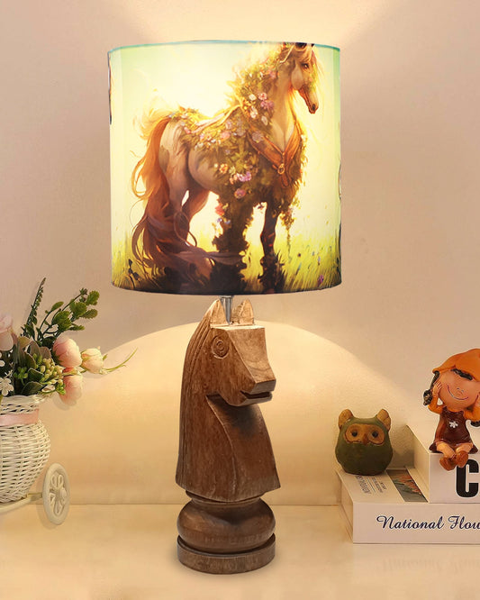 Chess Bedside Table Desk Lamp Rustic Wood Base Fabric Shade for Décor, Accent Light, Gameroom, Kids', Living Room, Bedroom, Office, Resturant