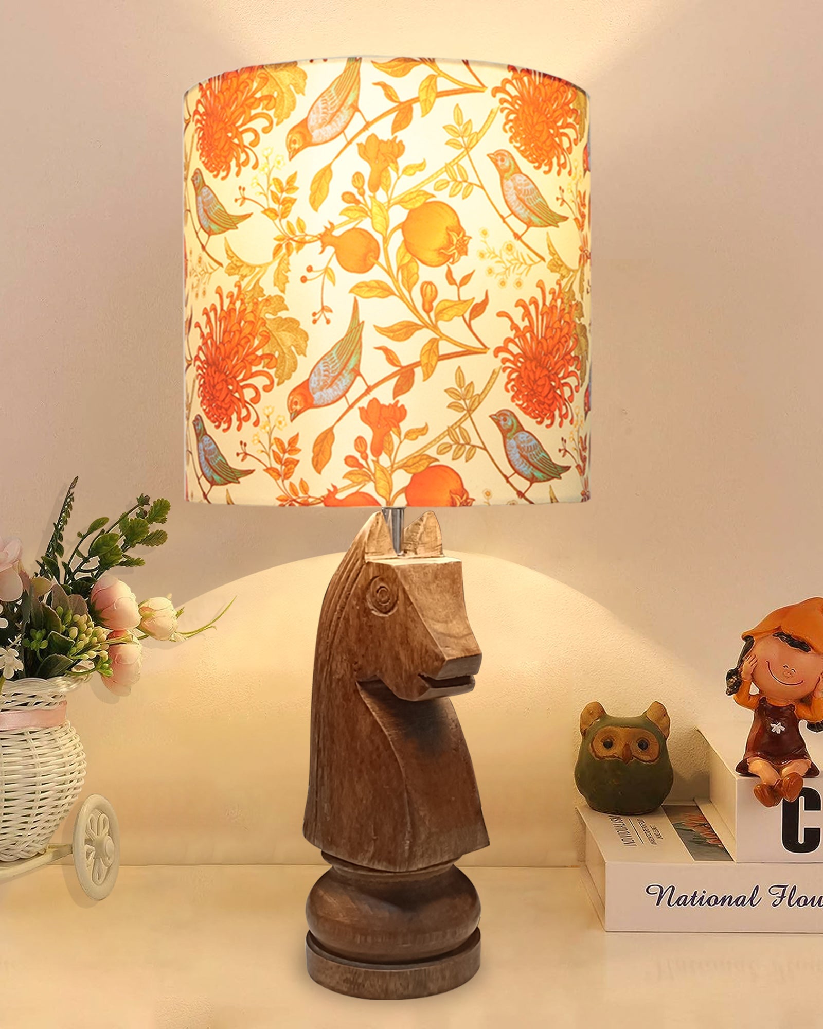 Chess Bedside Table Desk Lamp Rustic Wood Base Fabric Shade for Décor, Accent Light, Gameroom, Kids', Living Room, Bedroom, Office, Resturant