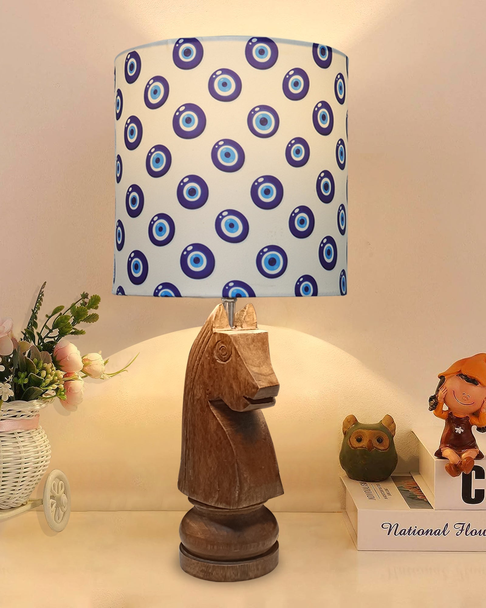 Chess Bedside Table Desk Lamp Rustic Wood Base Fabric Shade for Décor, Accent Light, Gameroom, Kids', Living Room, Bedroom, Office, Resturant
