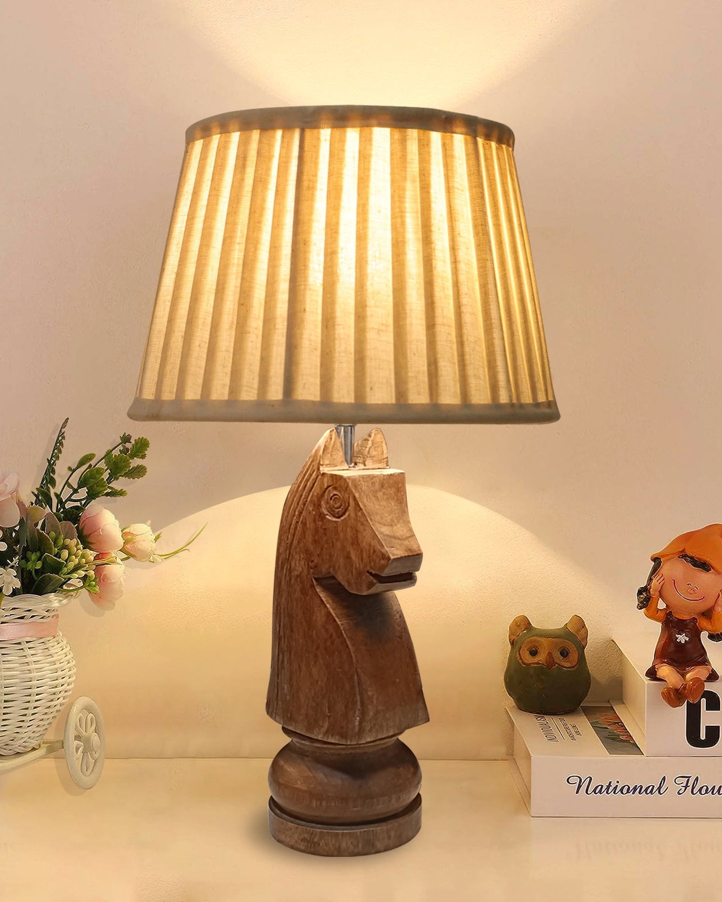 Chess Bedside Table Desk Lamp Rustic Wood Base Fabric Shade for Décor, Accent Light, Gameroom, Kids', Living Room, Bedroom, Office, Resturant