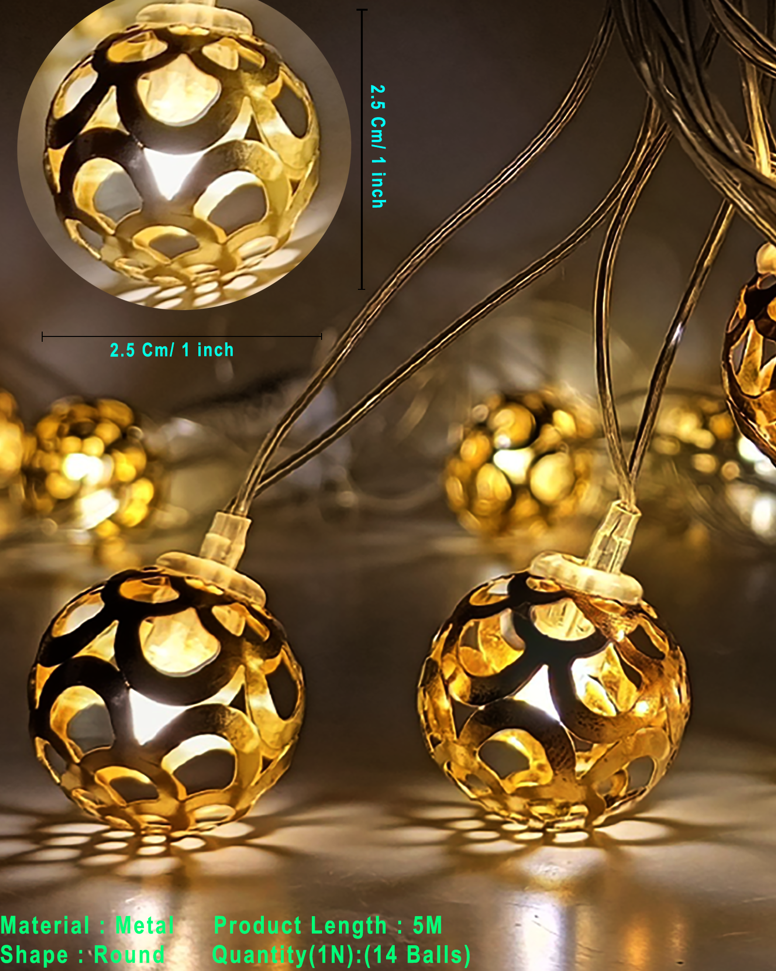 String Lights, Moroccon Copper Lights 5M 14LED Indoor Outdoor Fairy Globe String Lights,for Garden,Diwali,Christmas,Wedding,Home, Party Decoration (Warm White), Golden Metal ball