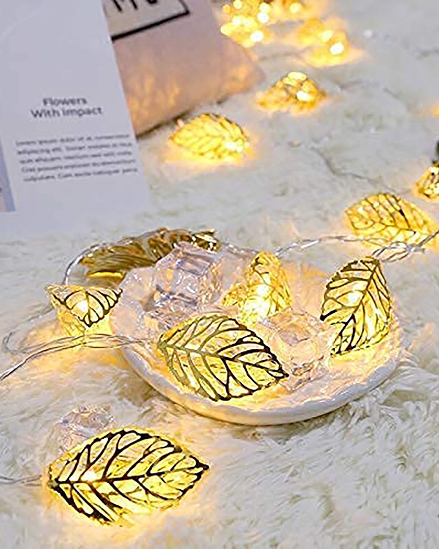 String Lights, Moroccon Copper Lights 5M 14LED Indoor Outdoor Fairy Globe String Lights,for Garden,Diwali,Christmas,Wedding,Home, Party Decoration (Warm White), Golden Leaf