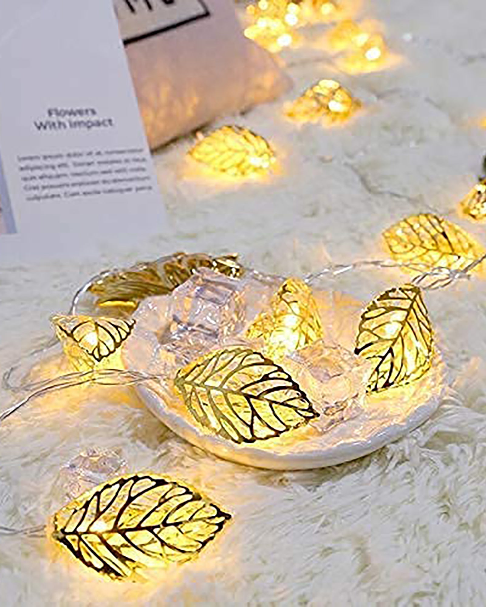 String Lights, Moroccon Copper Lights 5M 14LED Indoor Outdoor Fairy Globe String Lights,for Garden,Diwali,Christmas,Wedding,Home, Party Decoration (Warm White), Golden Leaf