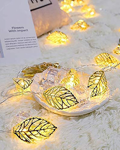 String Lights, Moroccon Copper Lights 5M 14LED Indoor Outdoor Fairy Globe String Lights,for Garden,Diwali,Christmas,Wedding,Home, Party Decoration (Warm White), Golden Leaf