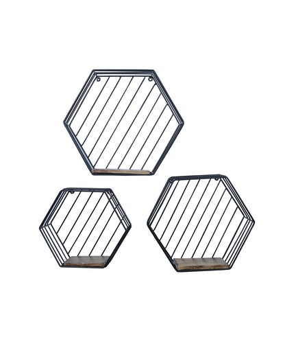 Industrial Black Wall Mounted Honeycomb Floating Shelves Set of 3 Decorative Hexagon Metal Wire Shelves – Large, Medium Small - Modern Shelves for Home, Office- Rustic Brown