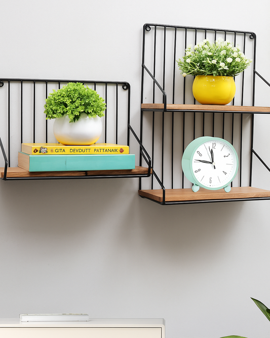 Metal Iron Wall Mount Shelf Bookshelf Floating Storage Rack Organization for Kitchen Bedroom Home Decor Kid Room DIY Wall Decorations Plants Holder with Wood Base, Single Double