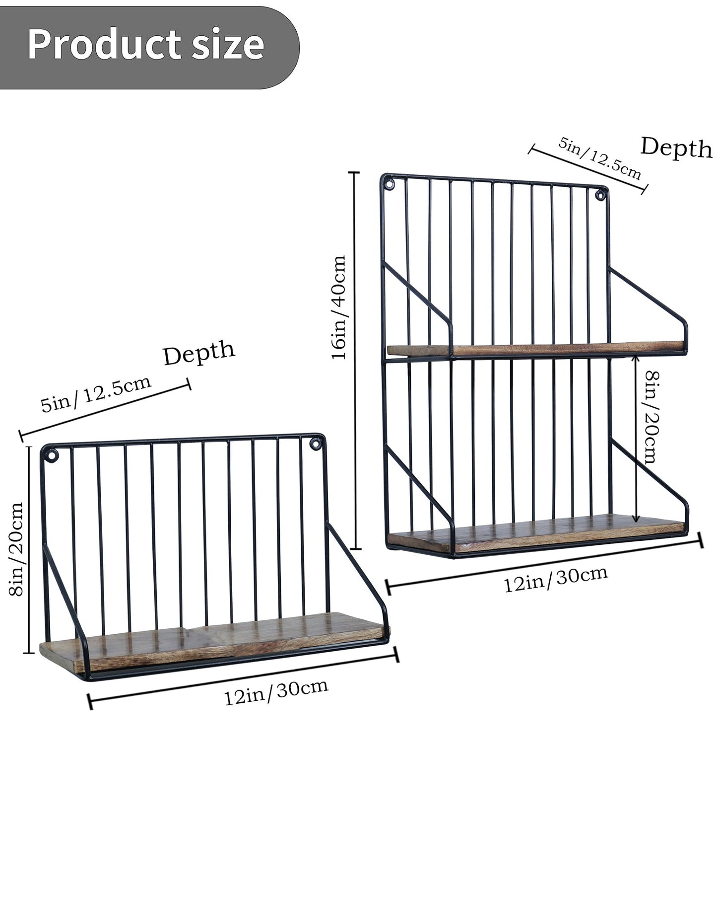 Metal Iron Wall Mount Shelf Bookshelf Floating Storage Rack Organization for Kitchen Bedroom Home Decor Kid Room DIY Wall Decorations Plants Holder with Wood Base, Single Double