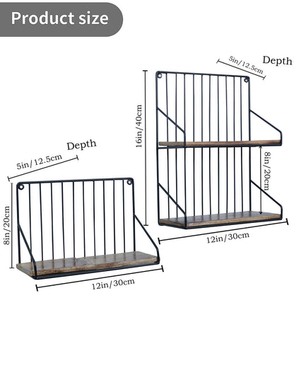 Metal Iron Wall Mount Shelf Bookshelf Floating Storage Rack Organization for Kitchen Bedroom Home Decor Kid Room DIY Wall Decorations Plants Holder with Wood Base, Single Double