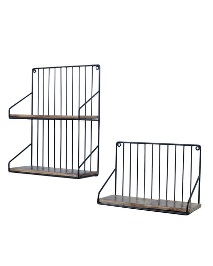 Metal Iron Wall Mount Shelf Bookshelf Floating Storage Rack Organization for Kitchen Bedroom Home Decor Kid Room DIY Wall Decorations Plants Holder with Wood Base, Single Double