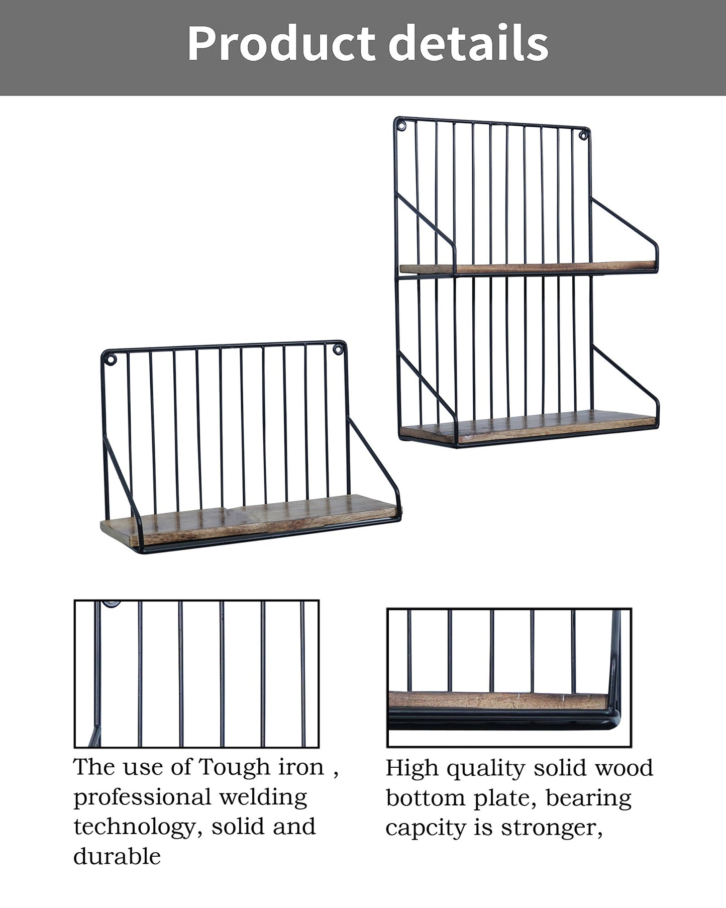 Metal Iron Wall Mount Shelf Bookshelf Floating Storage Rack Organization for Kitchen Bedroom Home Decor Kid Room DIY Wall Decorations Plants Holder with Wood Base, Single Double