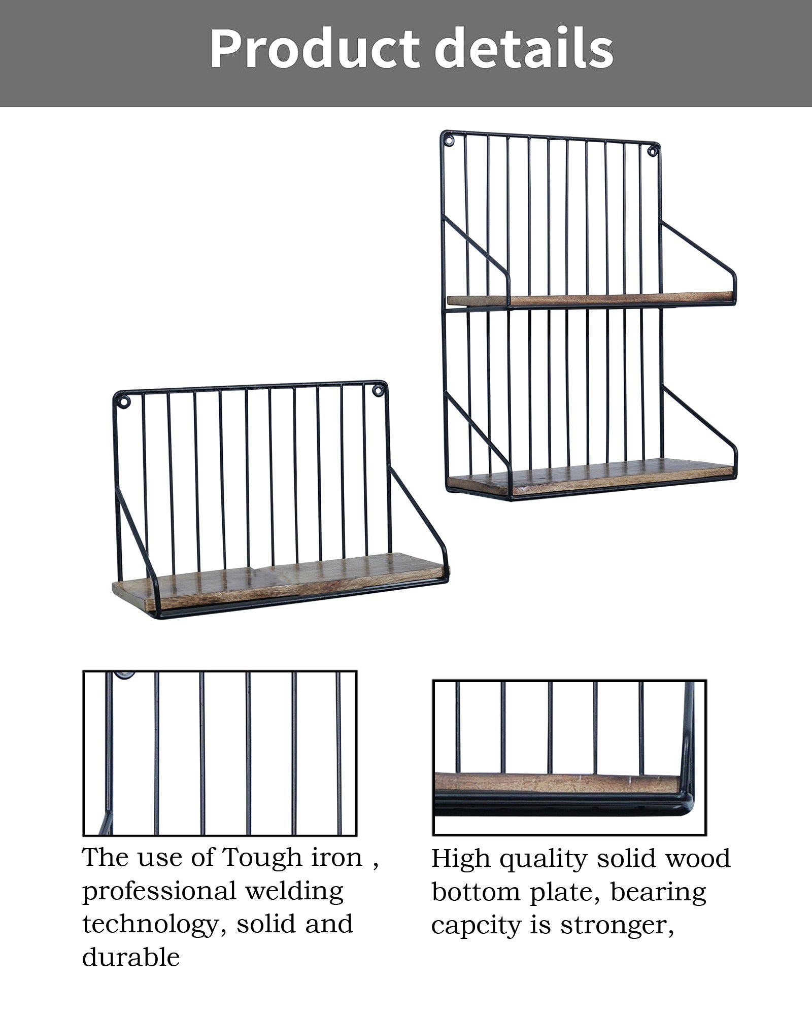 Metal Iron Wall Mount Shelf Bookshelf Floating Storage Rack Organization for Kitchen Bedroom Home Decor Kid Room DIY Wall Decorations Plants Holder with Wood Base, Single Double