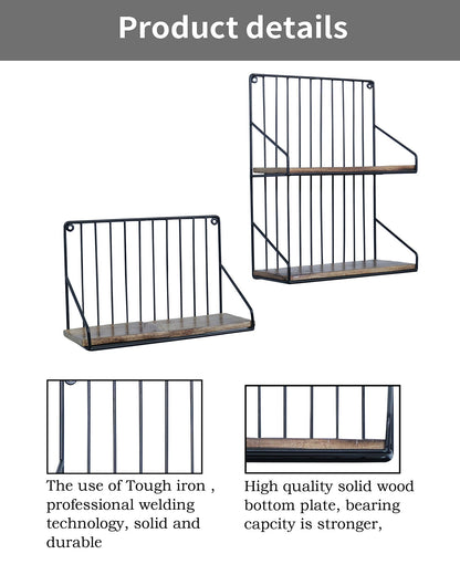 Metal Iron Wall Mount Shelf Bookshelf Floating Storage Rack Organization for Kitchen Bedroom Home Decor Kid Room DIY Wall Decorations Plants Holder with Wood Base, Single Double