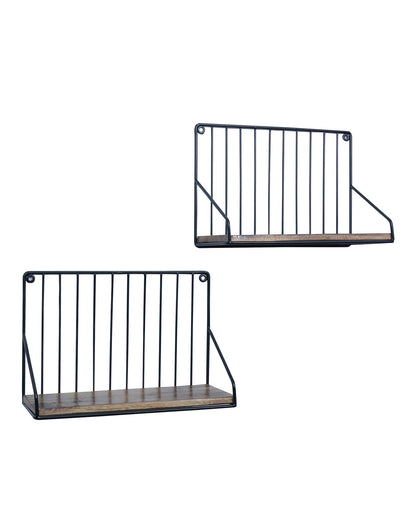 Metal Iron Wall Mount Shelf Bookshelf Floating Storage Rack Organization for Kitchen Bedroom Home Decor Kid Room DIY Wall Decorations Plants Holder with Wood Base, Single Set of 2