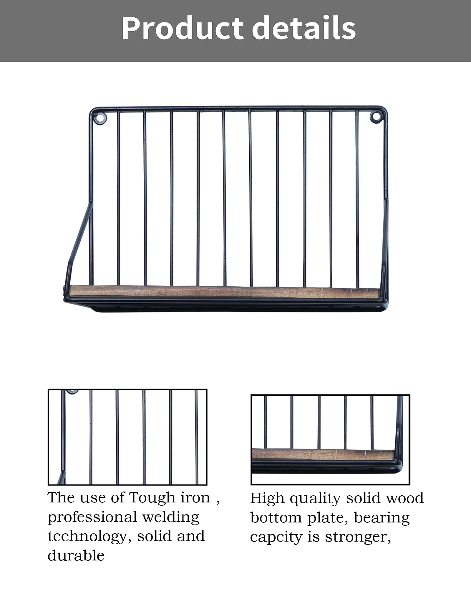 Metal Iron Wall Mount Shelf Bookshelf Floating Storage Rack Organization for Kitchen Bedroom Home Decor Kid Room DIY Wall Decorations Plants Holder with Wood Base, Single Set of 2