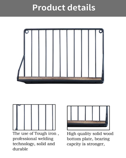 Metal Iron Wall Mount Shelf Bookshelf Floating Storage Rack Organization for Kitchen Bedroom Home Decor Kid Room DIY Wall Decorations Plants Holder with Wood Base, Single Set of 2
