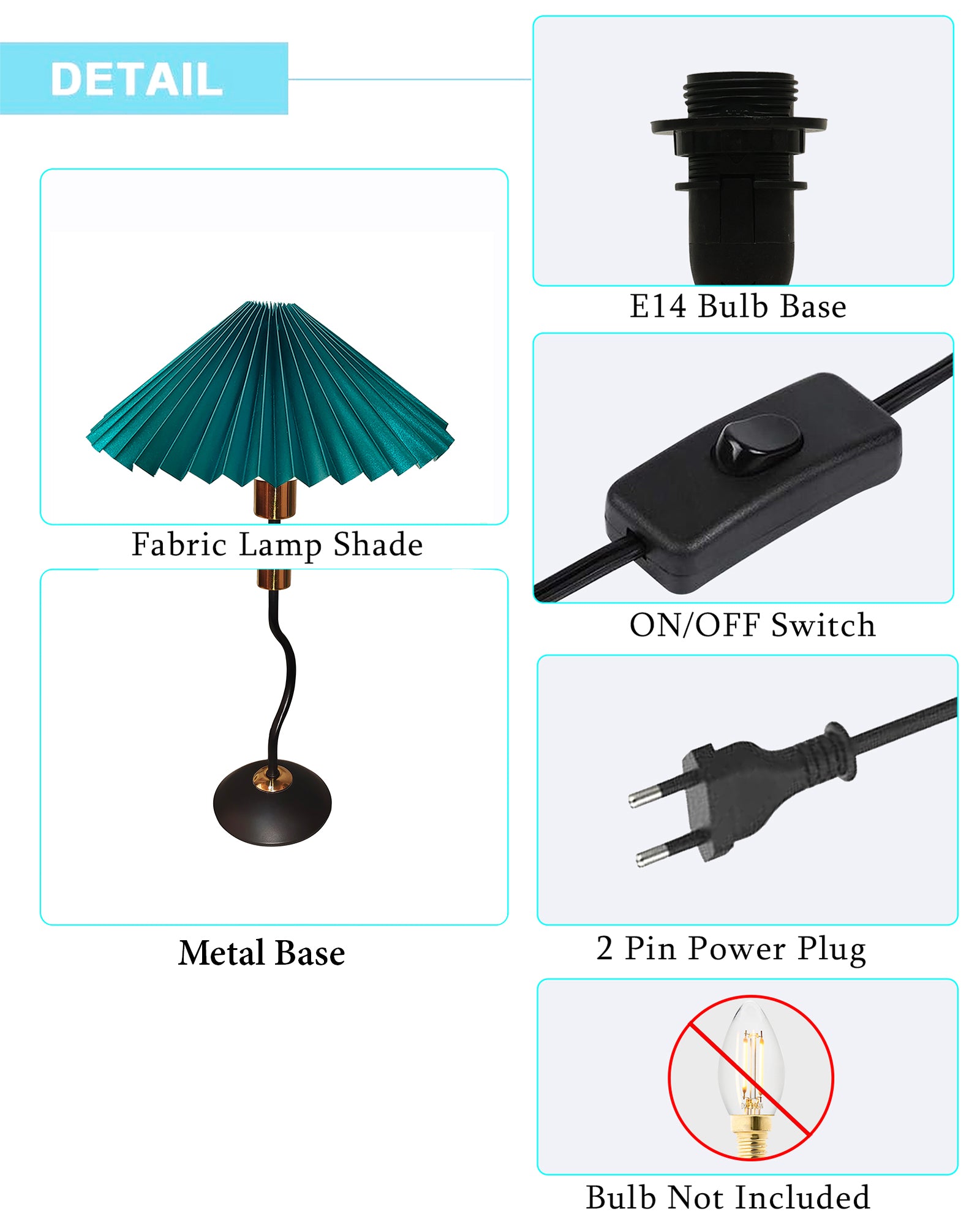Matt Black Twister Small Pleated Lamp, Modern Bedside Nightstand/Table Lamp with Green Lampshade, Metal Base for Bedroom, Home Office, Living Room, Kids Dorm, E14 Holder
