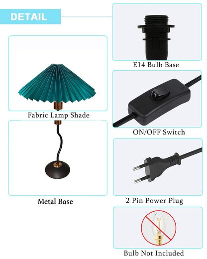 Matt Black Twister Small Pleated Lamp, Modern Bedside Nightstand/Table Lamp with Green Lampshade, Metal Base for Bedroom, Home Office, Living Room, Kids Dorm, E14 Holder