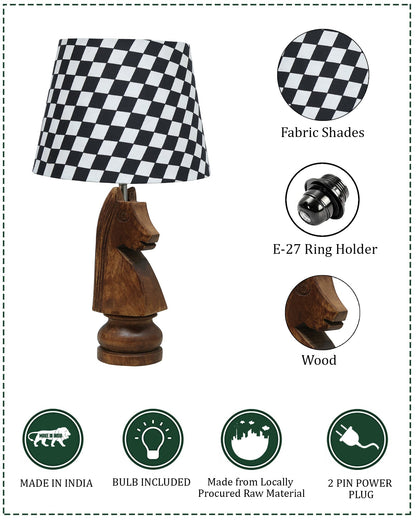Chess Bedside Table Desk Lamp Rustic Wood Base Fabric Shade for Décor, Accent Light, Gameroom, Kids', Living Room, Bedroom, Office, Resturant