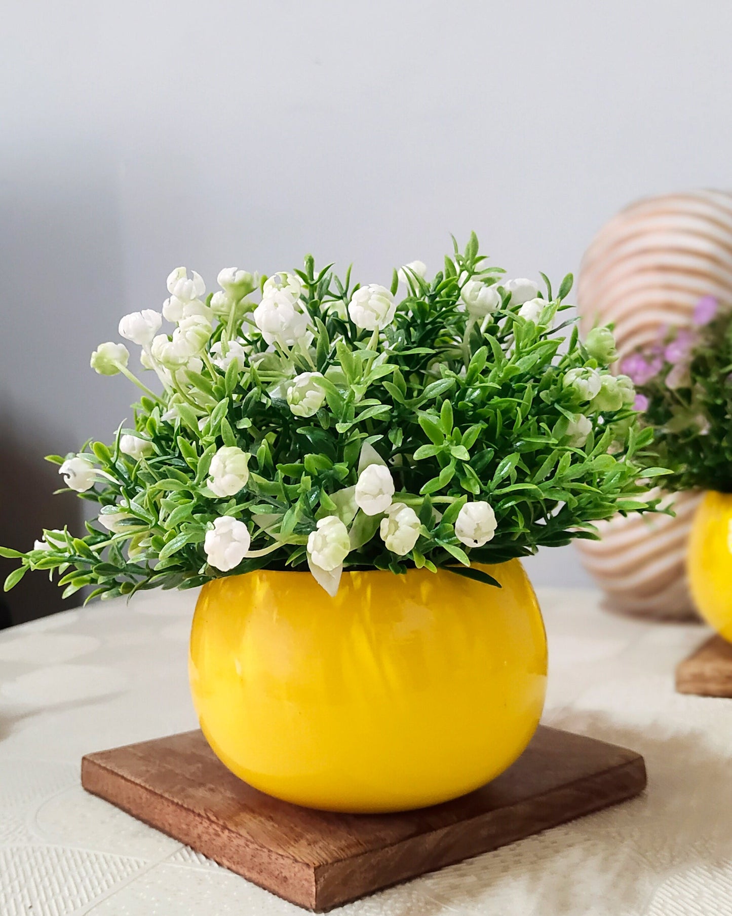 Ice Italian Rose Bunch Artificial faux Decorative Green Flower Plant, Table Centerpieces, Floral Arrangements, Yellow Metal Pot