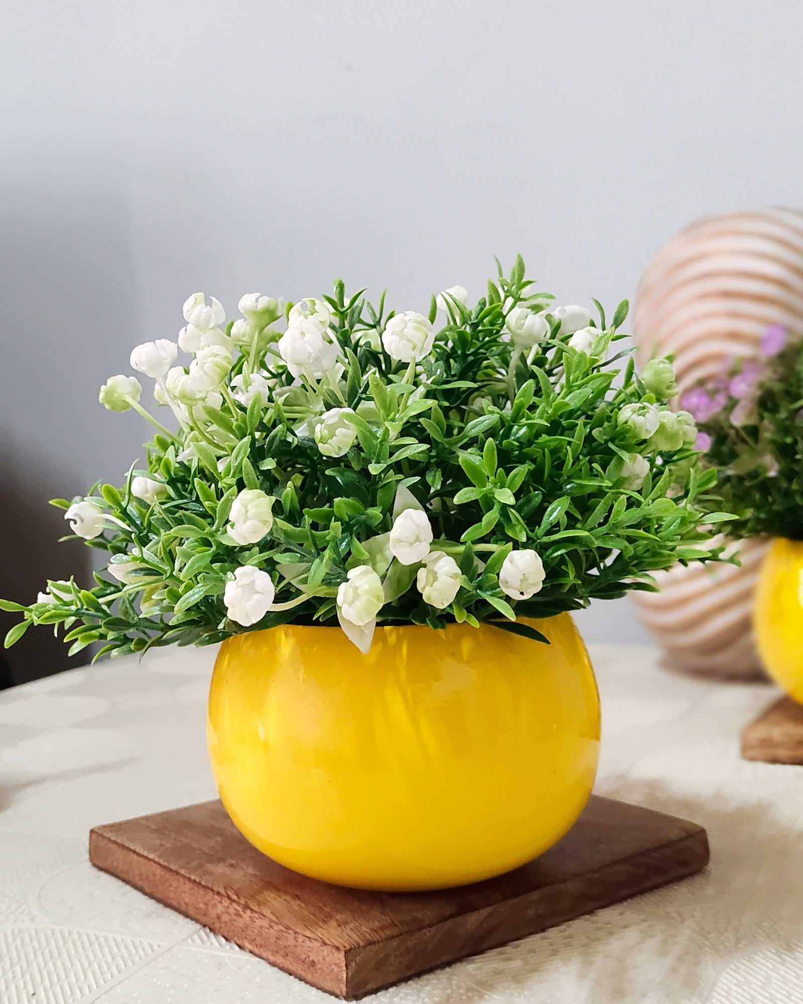 Ice Italian Rose Bunch Artificial faux Decorative Green Flower Plant, Table Centerpieces, Floral Arrangements, Yellow Metal Pot