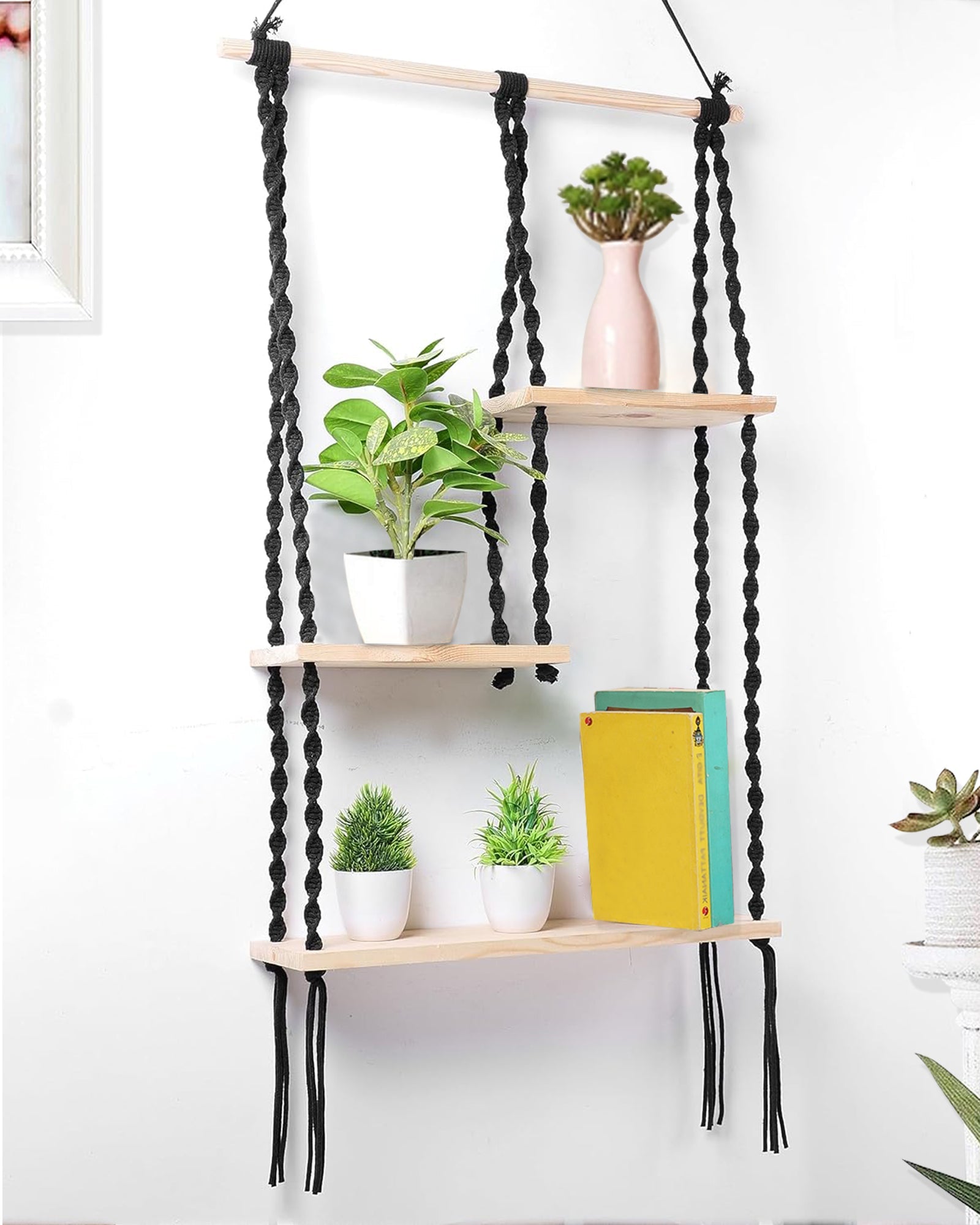 Macrame Hanging Shelf, Pine Wood Wall Shelves with Handmade Woven Hanger, 3 Tier Rope Floating Shelf for Photo Frames, Small Plants, Boho Home Decor Kitchen, Bathroom,Balcony, Home Storage