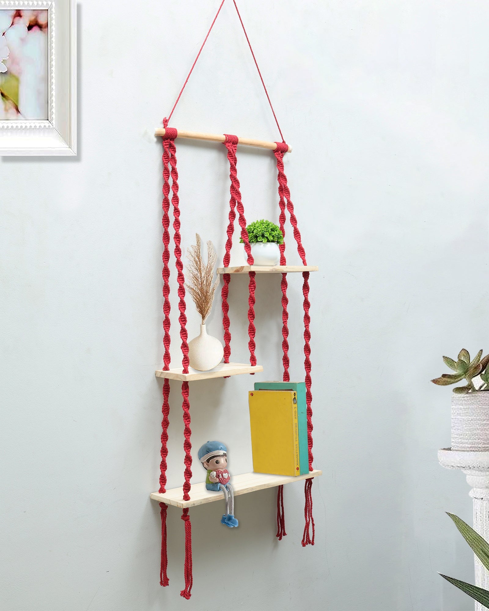 Macrame Hanging Shelf, Pine Wood Wall Shelves with Handmade Woven Hanger, 3 Tier Rope Floating Shelf for Photo Frames, Small Plants, Boho Home Decor Kitchen, Bathroom,Balcony, Home Storage