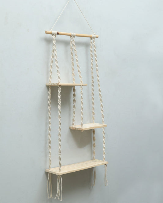 Macrame Hanging Shelf, Pine Wood Wall Shelves with Handmade Woven Hanger, 3 Tier Rope Floating Shelf for Photo Frames, Small Plants, Boho Home Decor Kitchen, Bathroom,Balcony, Home Storage