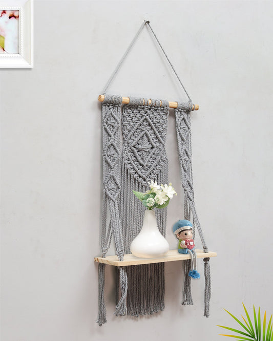 Macrame Wall Hanging Shelf Boho Decor Pine Wood Floating Shelf for Bedroom Living Room Nursery Bathroom, Handmade Woven Rope Storage Rack for Photo Frames Plant Display, Butterfly