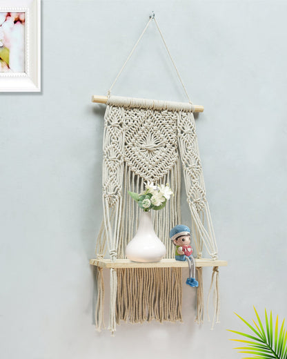 Macrame Wall Hanging Shelf Boho Decor Pine Wood Floating Shelf for Bedroom Living Room Nursery Bathroom, Handmade Woven Rope Storage Rack for Photo Frames Plant Display, Butterfly